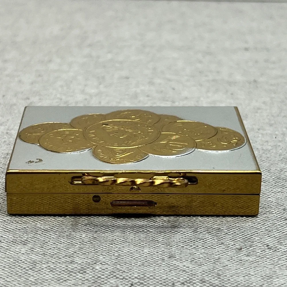 Vintage Foreign European Gold Coin Design‎ Silver Rectangle Compact Case